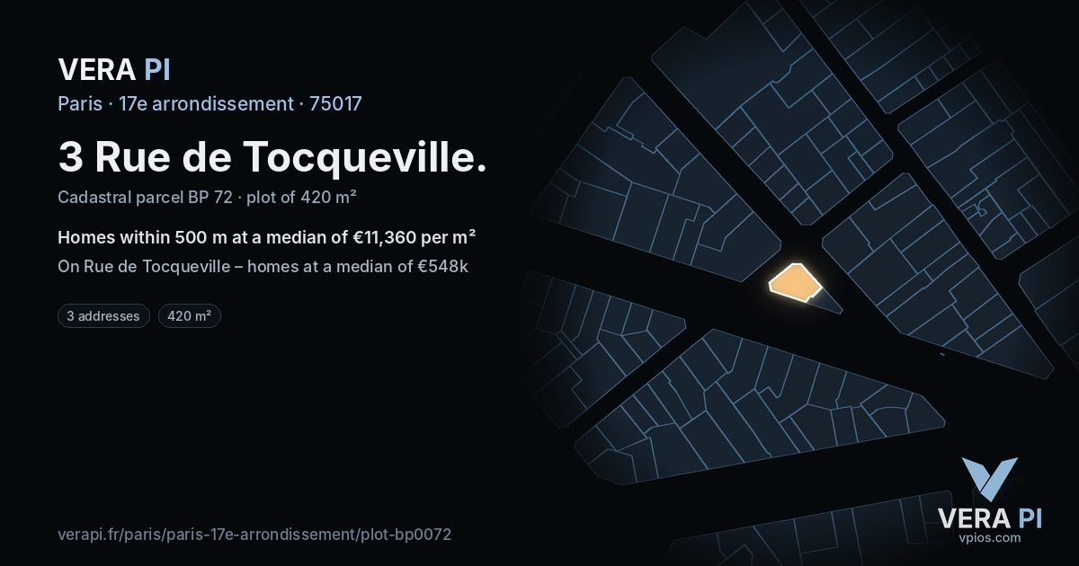 3 Rue de Tocqueville, 17e arrondissement at night – the plot lit, the parcels around coloured by the prices near them