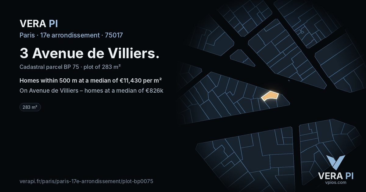 3 Avenue de Villiers, 17e arrondissement at night – the plot lit, the parcels around coloured by the prices near them