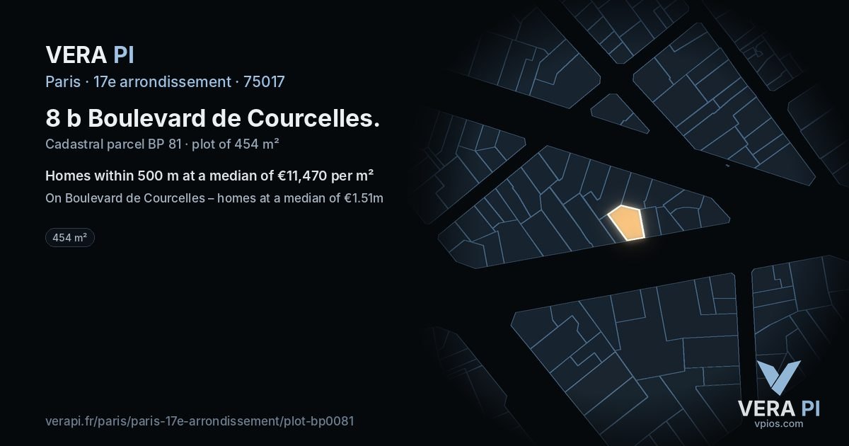 8 b Boulevard de Courcelles, 17e arrondissement at night – the plot lit, the parcels around coloured by the prices near them