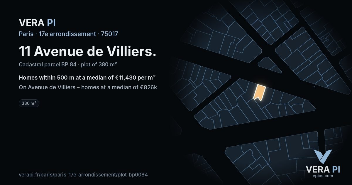 11 Avenue de Villiers, 17e arrondissement at night – the plot lit, the parcels around coloured by the prices near them