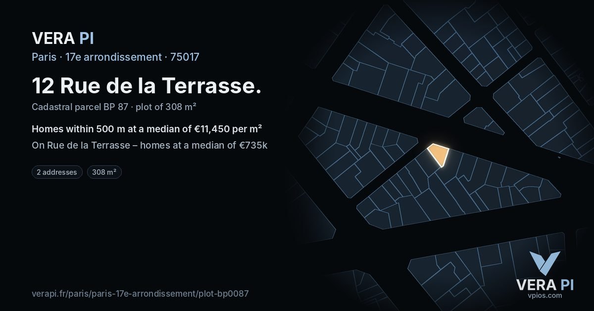 12 Rue de la Terrasse, 17e arrondissement at night – the plot lit, the parcels around coloured by the prices near them