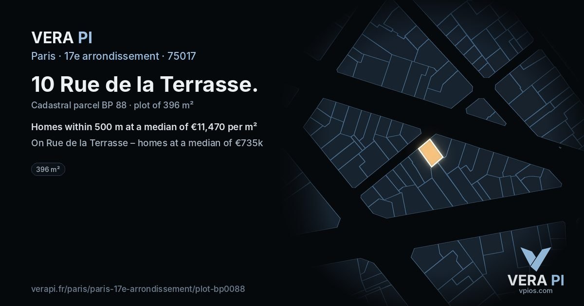 10 Rue de la Terrasse, 17e arrondissement at night – the plot lit, the parcels around coloured by the prices near them