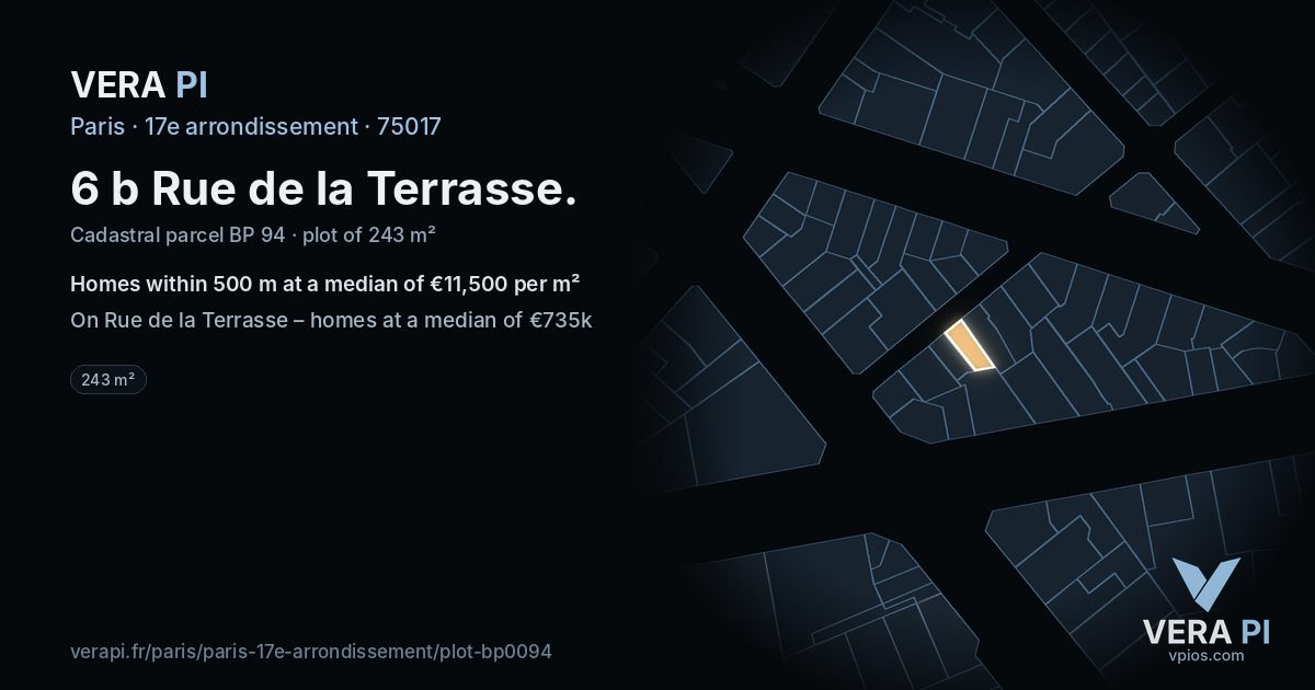 6 b Rue de la Terrasse, 17e arrondissement at night – the plot lit, the parcels around coloured by the prices near them