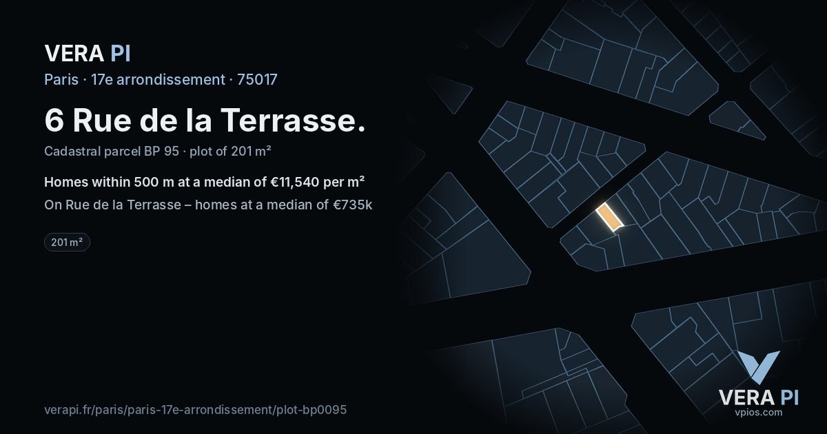 6 Rue de la Terrasse, 17e arrondissement at night – the plot lit, the parcels around coloured by the prices near them