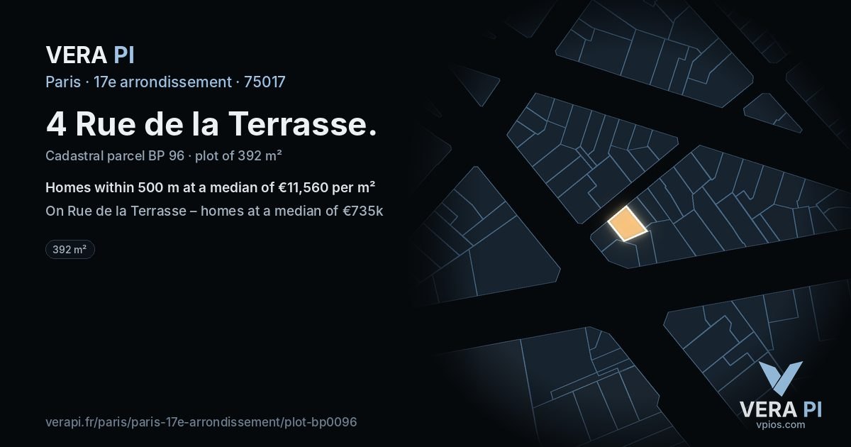 4 Rue de la Terrasse, 17e arrondissement at night – the plot lit, the parcels around coloured by the prices near them