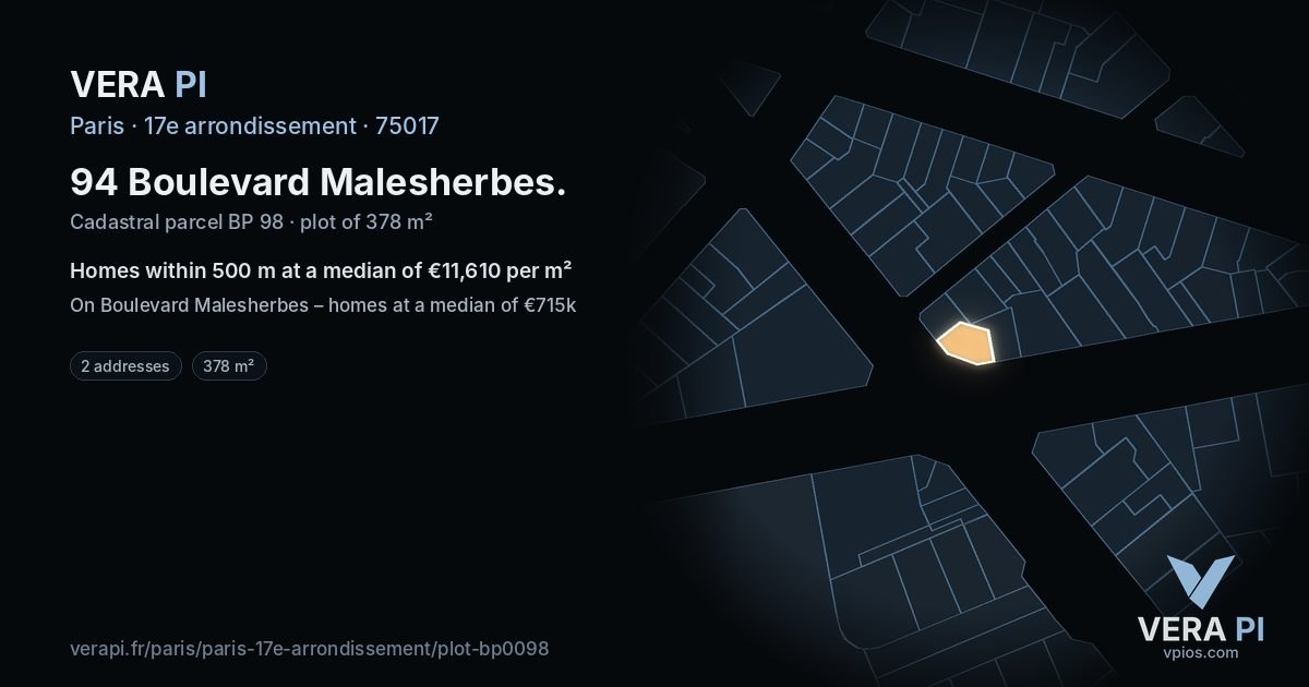 94 Boulevard Malesherbes, 17e arrondissement at night – the plot lit, the parcels around coloured by the prices near them