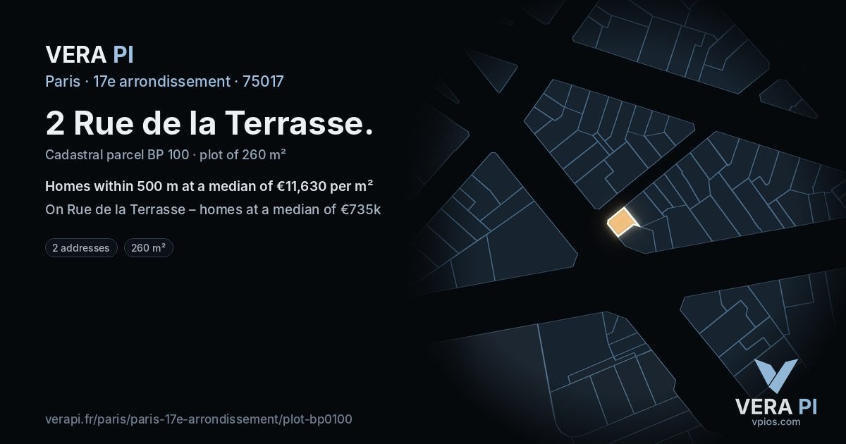 2 Rue de la Terrasse, 17e arrondissement at night – the plot lit, the parcels around coloured by the prices near them