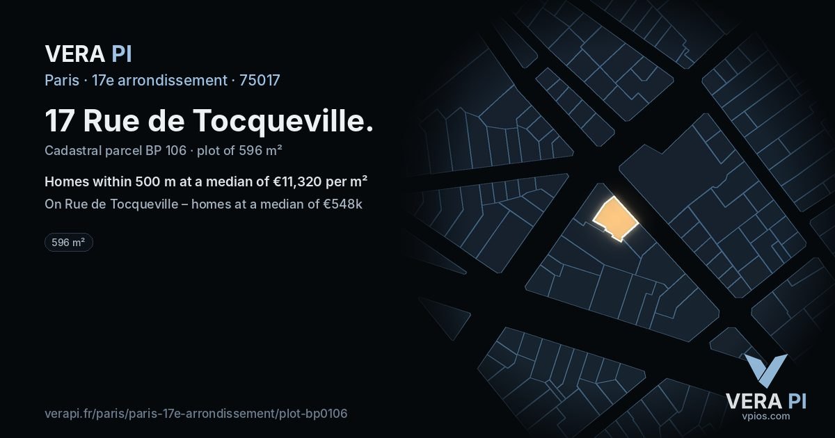 17 Rue de Tocqueville, 17e arrondissement at night – the plot lit, the parcels around coloured by the prices near them