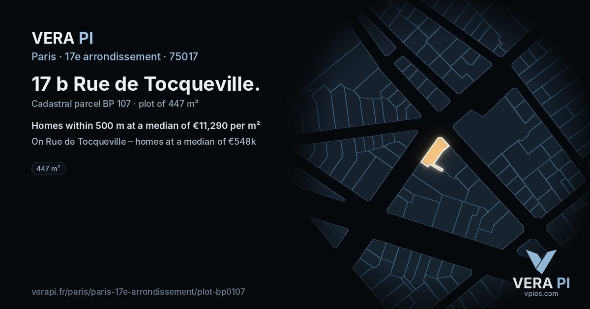 17 b Rue de Tocqueville, 17e arrondissement at night – the plot lit, the parcels around coloured by the prices near them