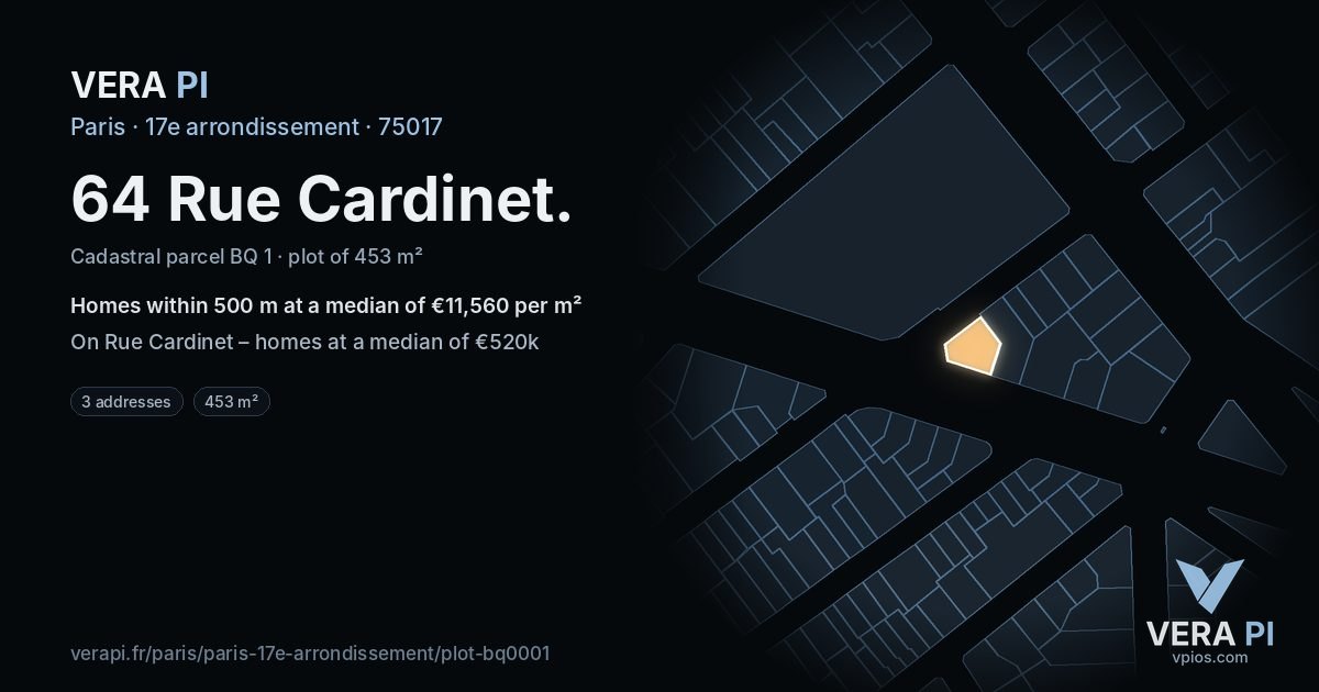 64 Rue Cardinet, 17e arrondissement at night – the plot lit, the parcels around coloured by the prices near them
