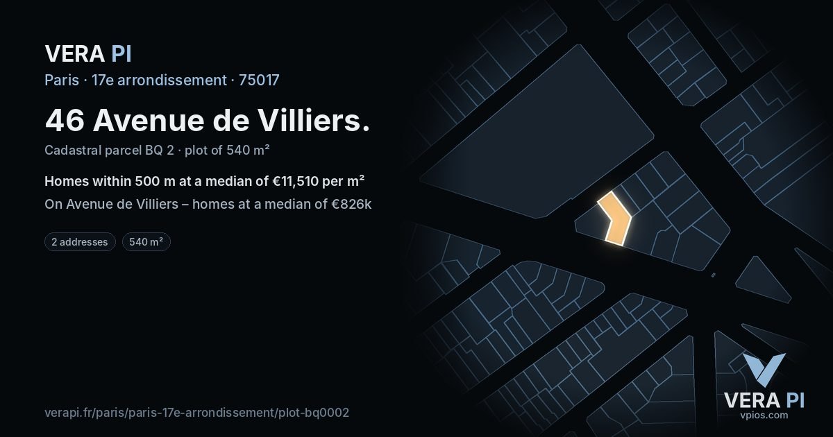 46 Avenue de Villiers, 17e arrondissement at night – the plot lit, the parcels around coloured by the prices near them