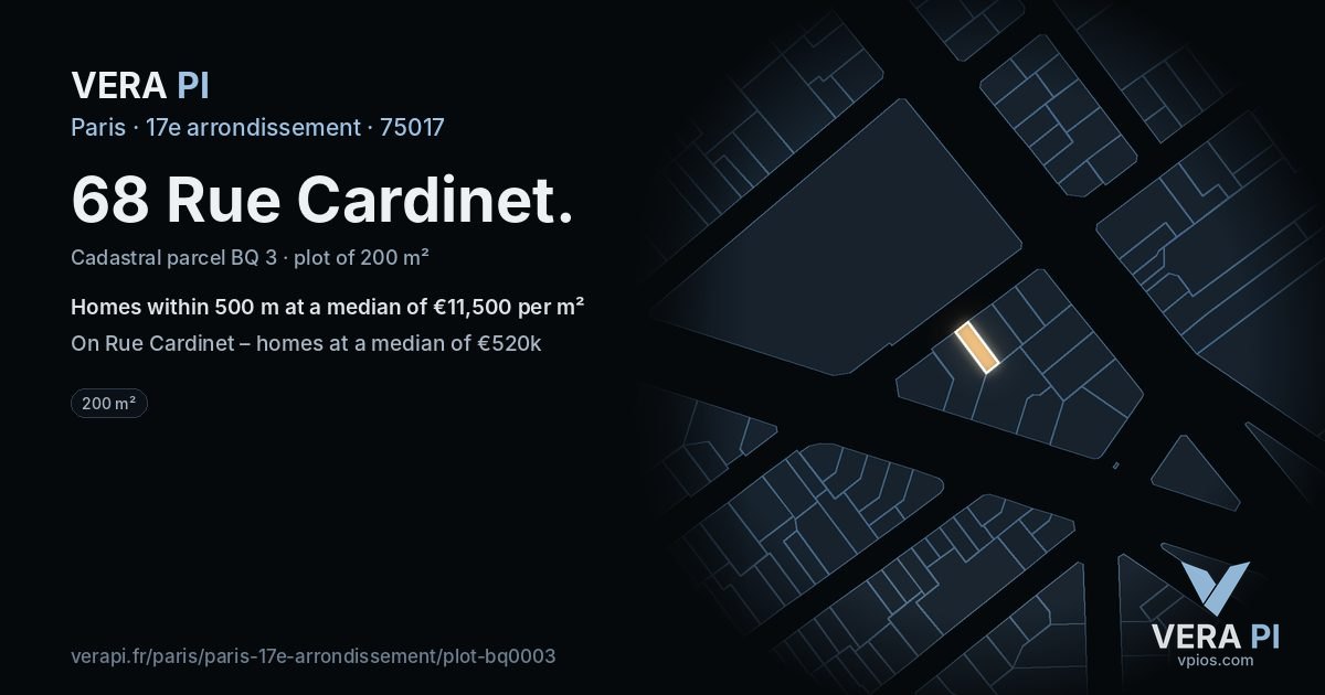 68 Rue Cardinet, 17e arrondissement at night – the plot lit, the parcels around coloured by the prices near them