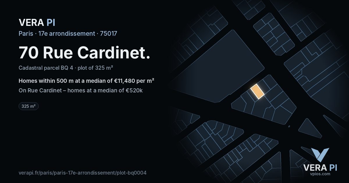 70 Rue Cardinet, 17e arrondissement at night – the plot lit, the parcels around coloured by the prices near them