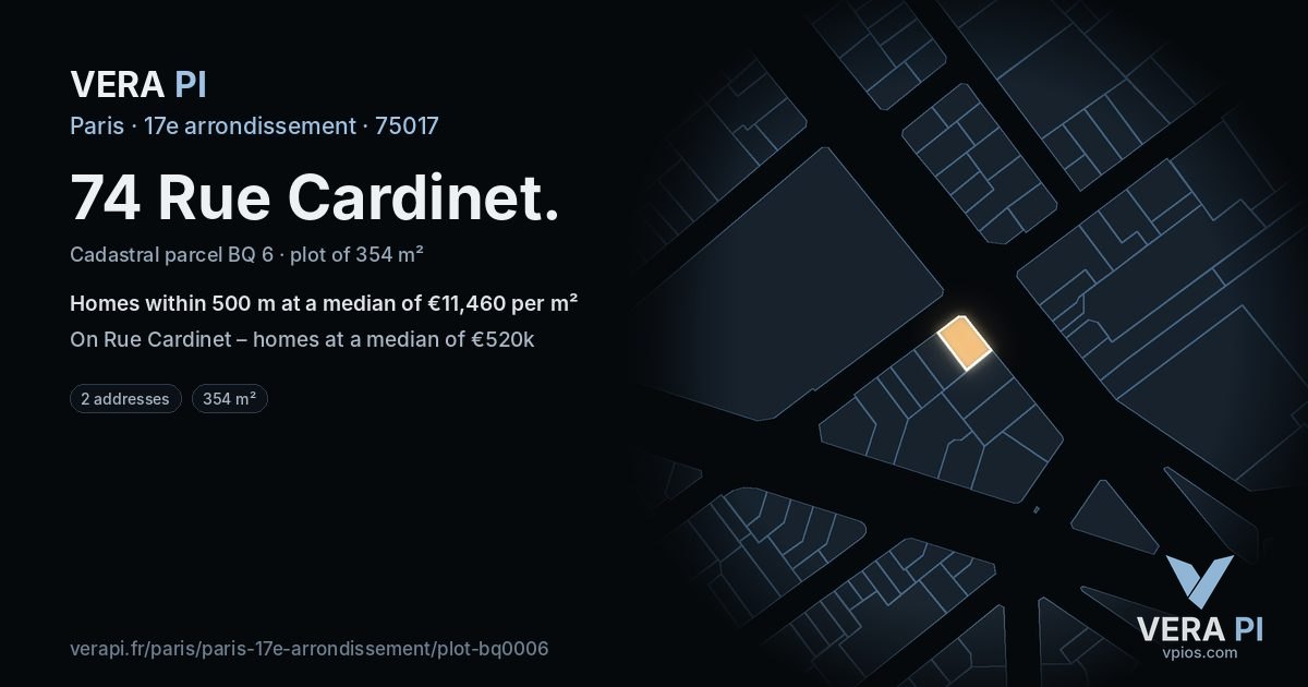 74 Rue Cardinet, 17e arrondissement at night – the plot lit, the parcels around coloured by the prices near them