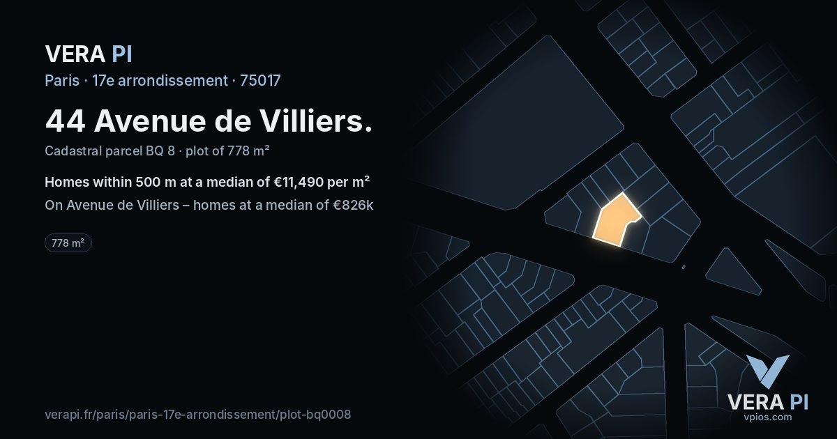 44 Avenue de Villiers, 17e arrondissement at night – the plot lit, the parcels around coloured by the prices near them