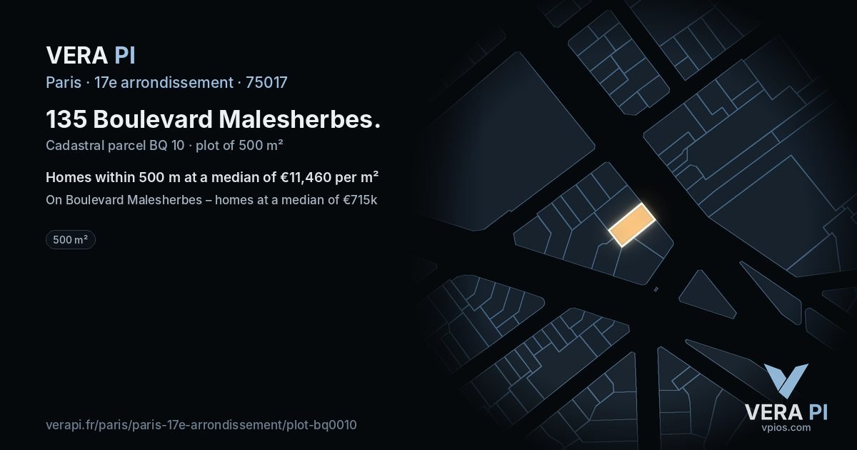 135 Boulevard Malesherbes, 17e arrondissement at night – the plot lit, the parcels around coloured by the prices near them