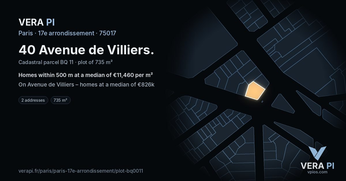 40 Avenue de Villiers, 17e arrondissement at night – the plot lit, the parcels around coloured by the prices near them