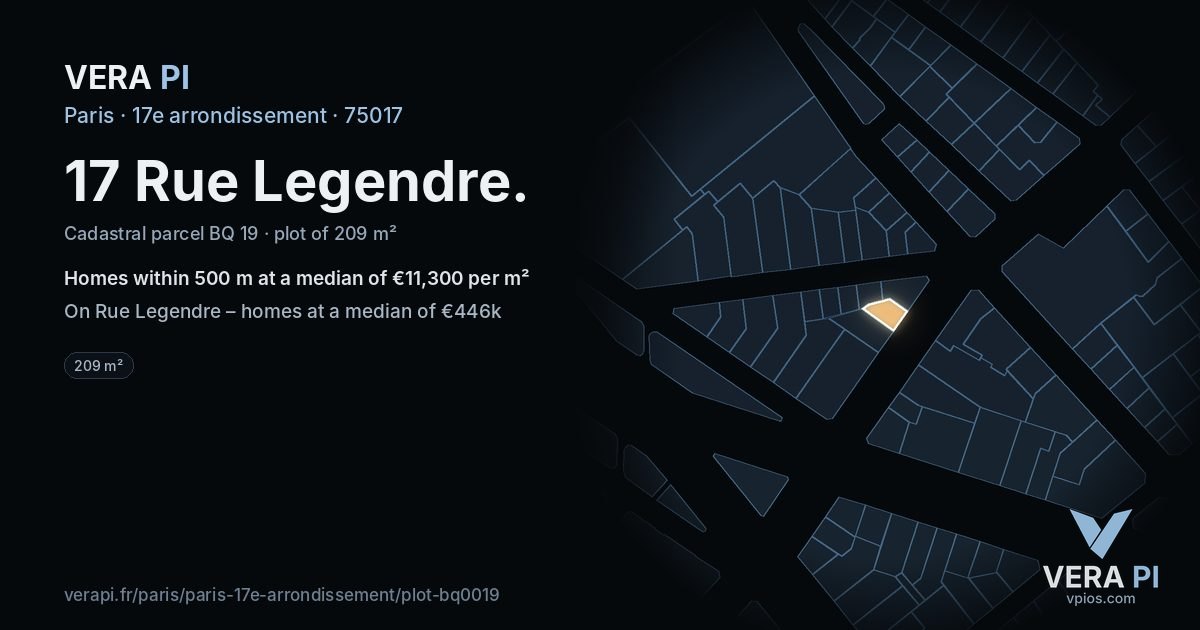17 Rue Legendre, 17e arrondissement at night – the plot lit, the parcels around coloured by the prices near them