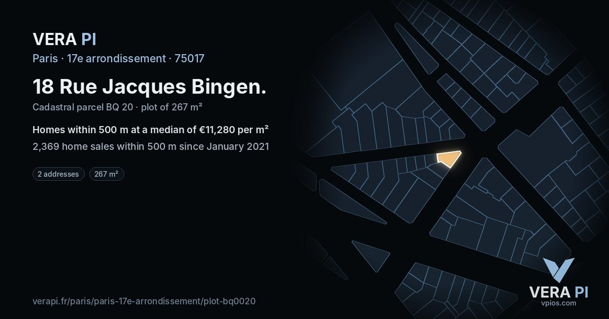 18 Rue Jacques Bingen, 17e arrondissement at night – the plot lit, the parcels around coloured by the prices near them