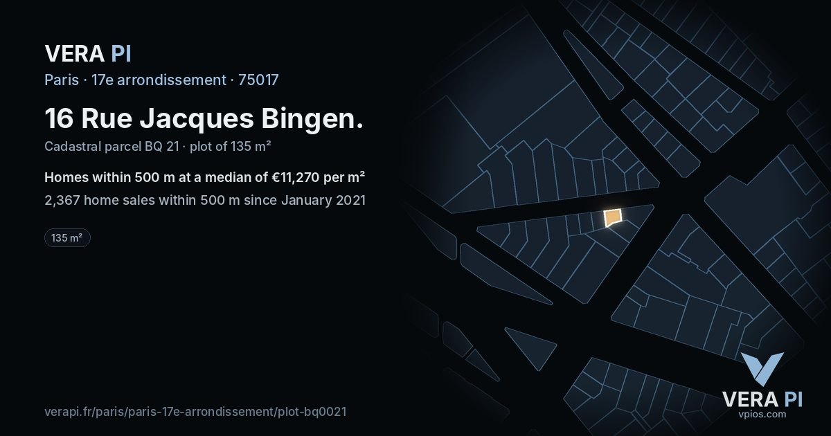 16 Rue Jacques Bingen, 17e arrondissement at night – the plot lit, the parcels around coloured by the prices near them