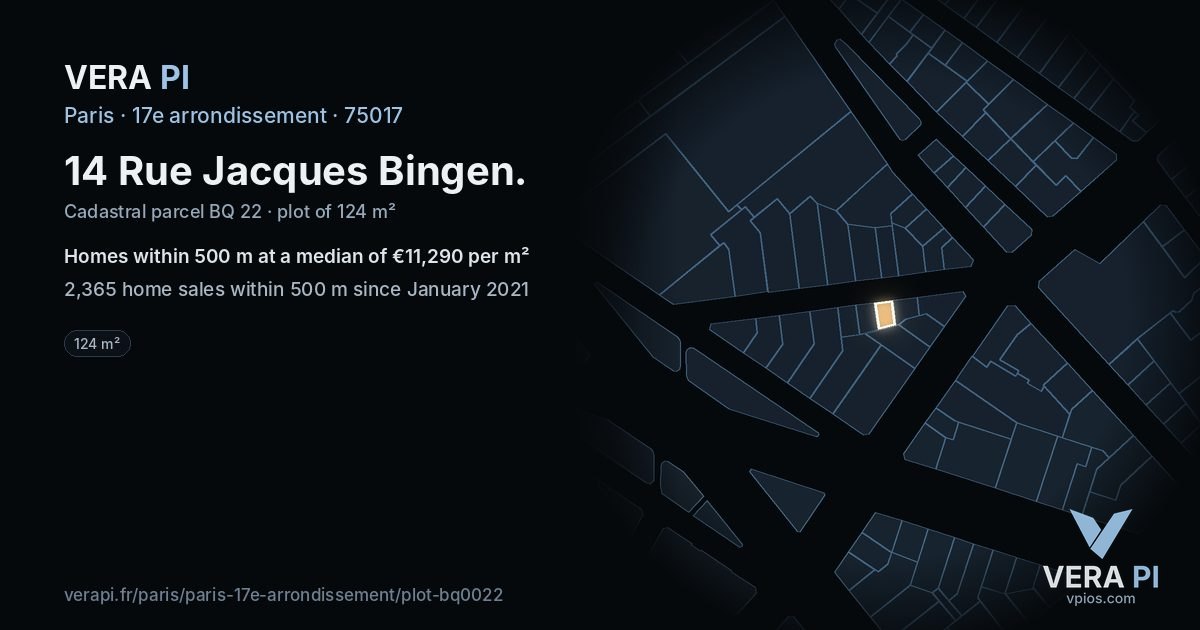 14 Rue Jacques Bingen, 17e arrondissement at night – the plot lit, the parcels around coloured by the prices near them