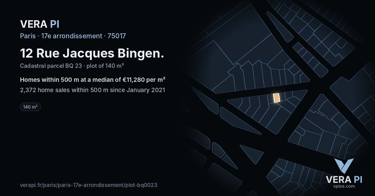 12 Rue Jacques Bingen, 17e arrondissement at night – the plot lit, the parcels around coloured by the prices near them