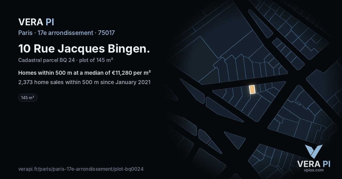 10 Rue Jacques Bingen, 17e arrondissement at night – the plot lit, the parcels around coloured by the prices near them