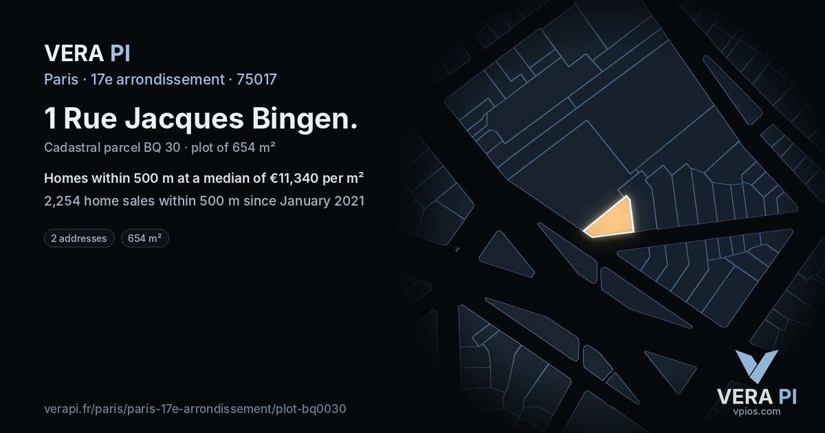 1 Rue Jacques Bingen, 17e arrondissement at night – the plot lit, the parcels around coloured by the prices near them