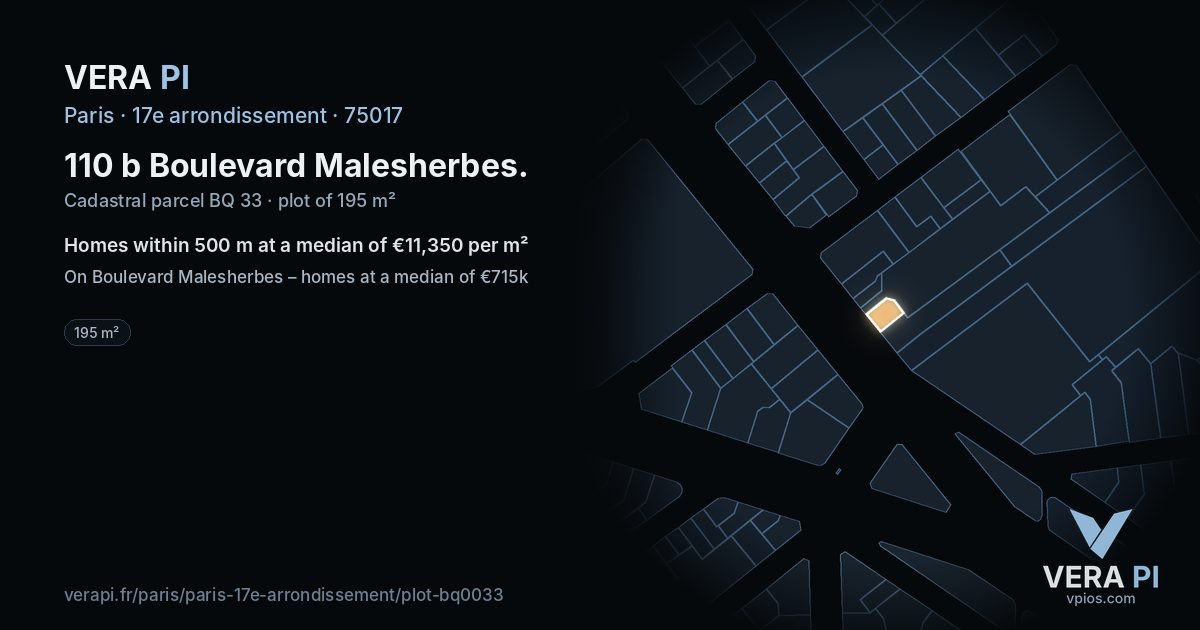 110 b Boulevard Malesherbes, 17e arrondissement at night – the plot lit, the parcels around coloured by the prices near them