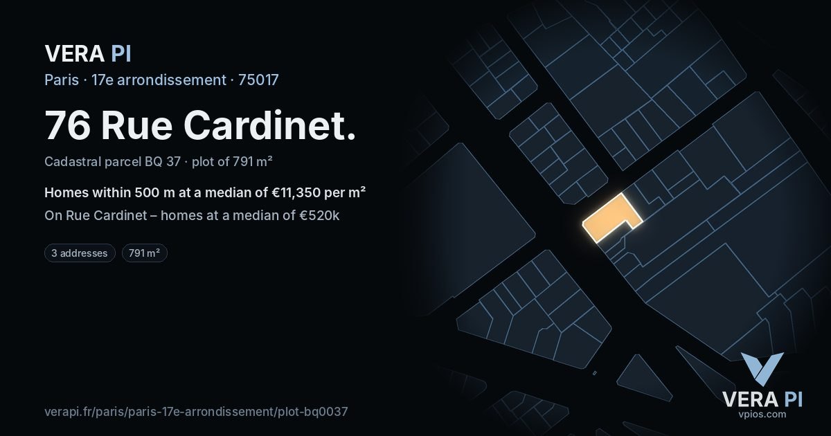 76 Rue Cardinet, 17e arrondissement at night – the plot lit, the parcels around coloured by the prices near them