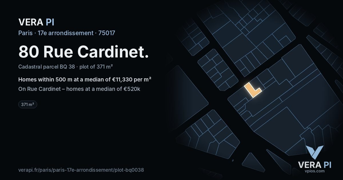 80 Rue Cardinet, 17e arrondissement at night – the plot lit, the parcels around coloured by the prices near them