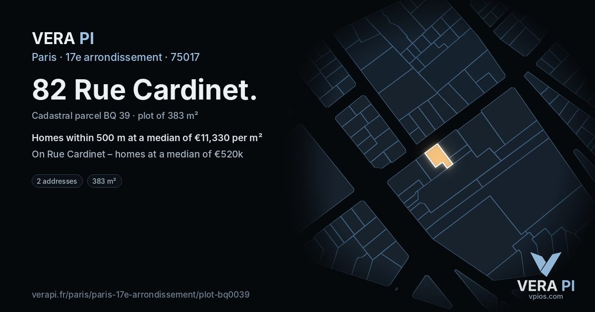 82 Rue Cardinet, 17e arrondissement at night – the plot lit, the parcels around coloured by the prices near them