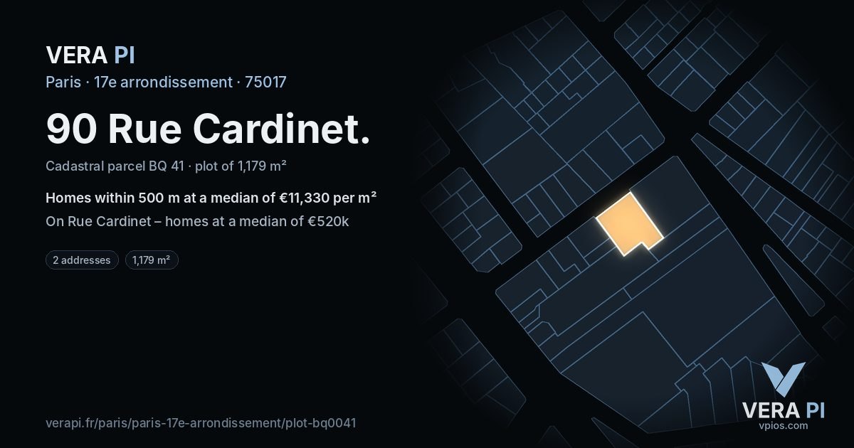90 Rue Cardinet, 17e arrondissement at night – the plot lit, the parcels around coloured by the prices near them