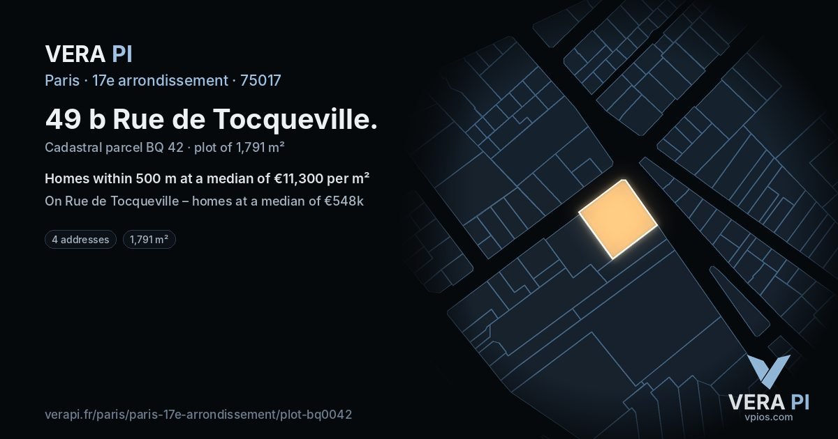 49 b Rue de Tocqueville, 17e arrondissement at night – the plot lit, the parcels around coloured by the prices near them