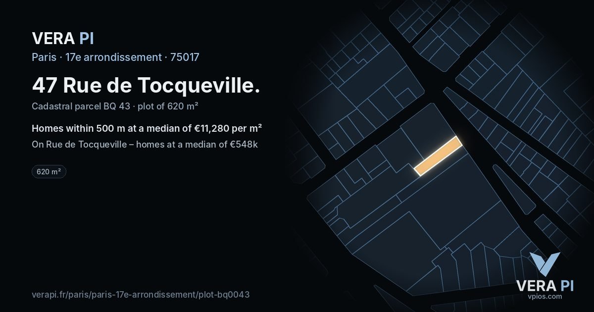 47 Rue de Tocqueville, 17e arrondissement at night – the plot lit, the parcels around coloured by the prices near them