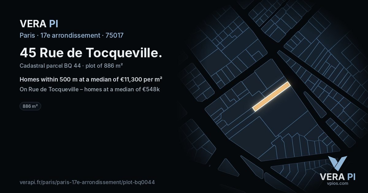 45 Rue de Tocqueville, 17e arrondissement at night – the plot lit, the parcels around coloured by the prices near them