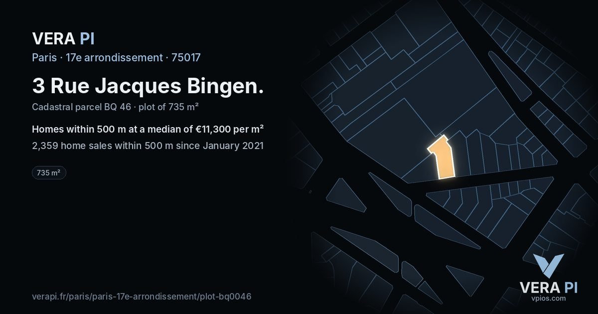 3 Rue Jacques Bingen, 17e arrondissement at night – the plot lit, the parcels around coloured by the prices near them