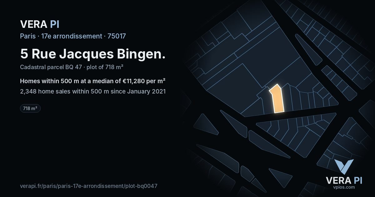 5 Rue Jacques Bingen, 17e arrondissement at night – the plot lit, the parcels around coloured by the prices near them