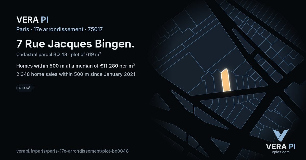 7 Rue Jacques Bingen, 17e arrondissement at night – the plot lit, the parcels around coloured by the prices near them