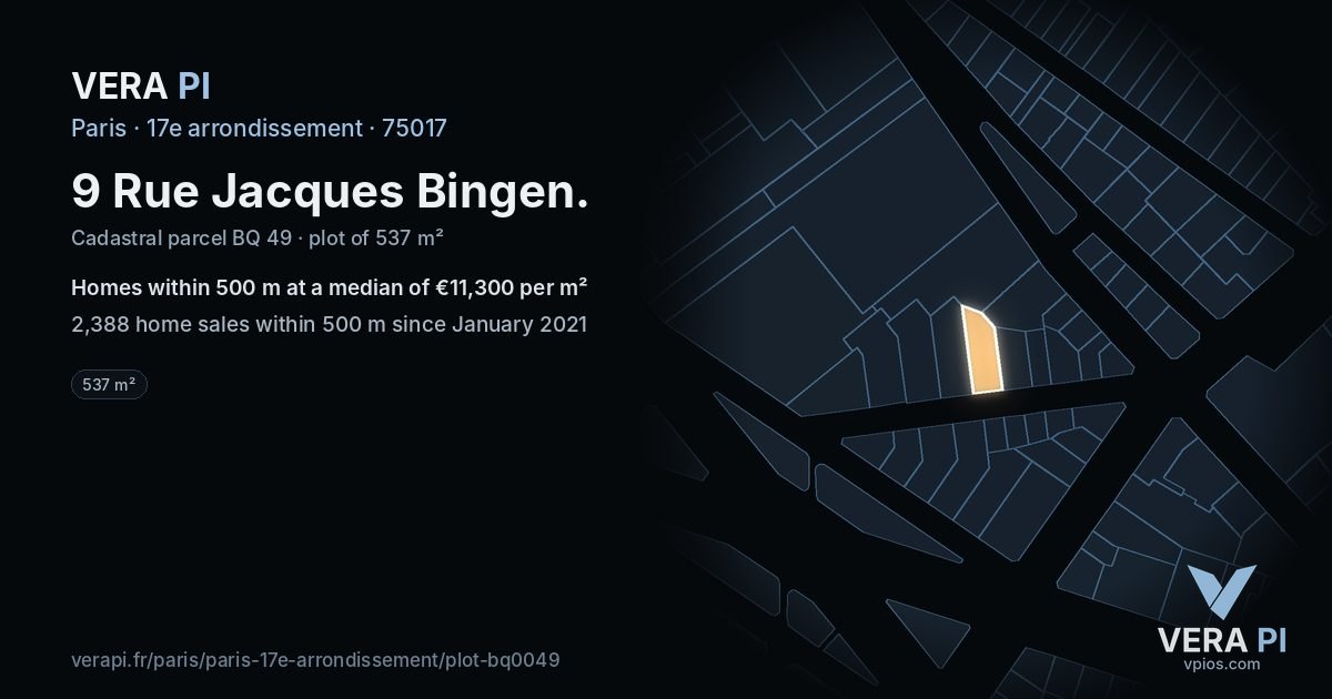 9 Rue Jacques Bingen, 17e arrondissement at night – the plot lit, the parcels around coloured by the prices near them