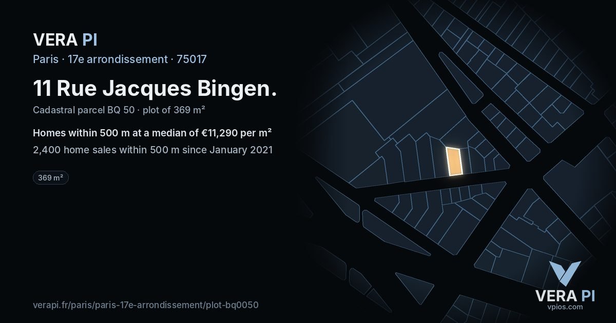 11 Rue Jacques Bingen, 17e arrondissement at night – the plot lit, the parcels around coloured by the prices near them