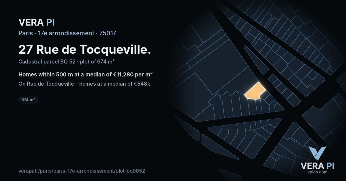 27 Rue de Tocqueville, 17e arrondissement at night – the plot lit, the parcels around coloured by the prices near them
