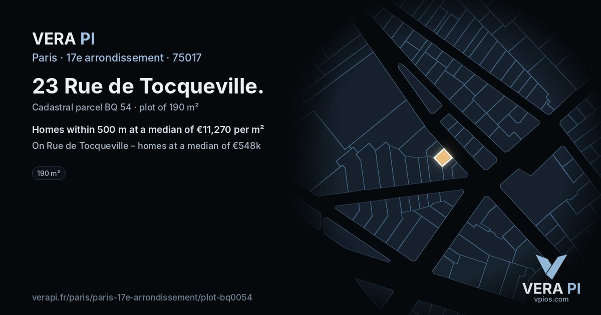 23 Rue de Tocqueville, 17e arrondissement at night – the plot lit, the parcels around coloured by the prices near them