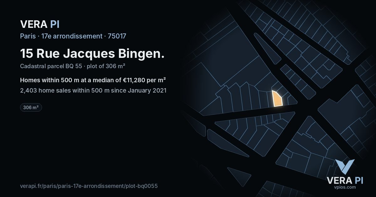 15 Rue Jacques Bingen, 17e arrondissement at night – the plot lit, the parcels around coloured by the prices near them