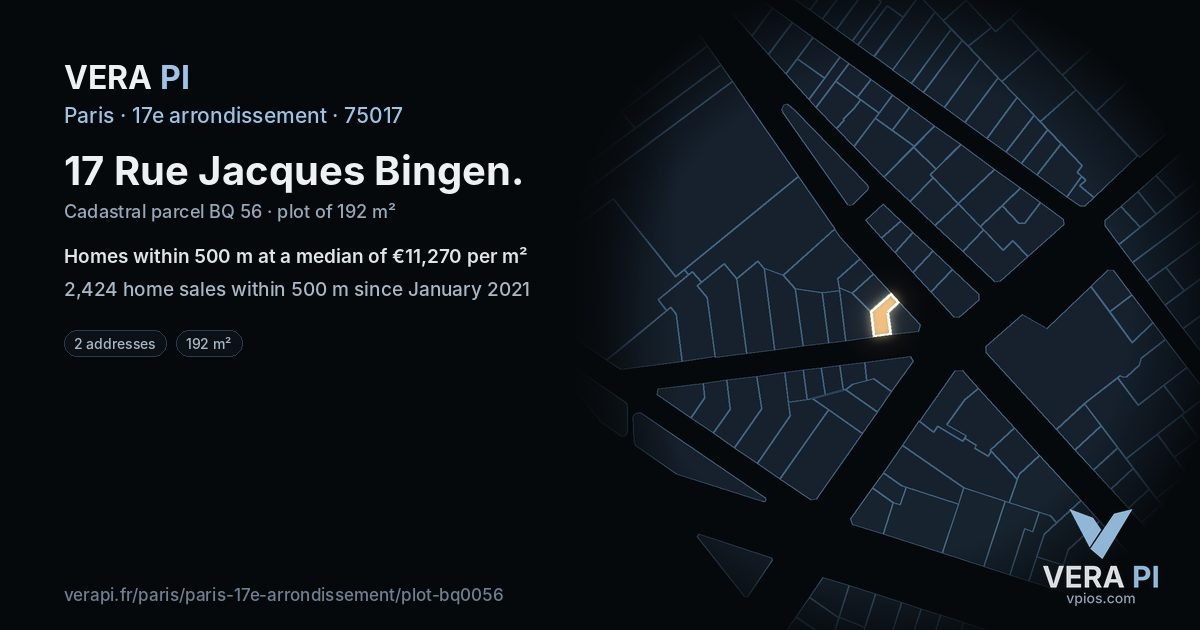 17 Rue Jacques Bingen, 17e arrondissement at night – the plot lit, the parcels around coloured by the prices near them