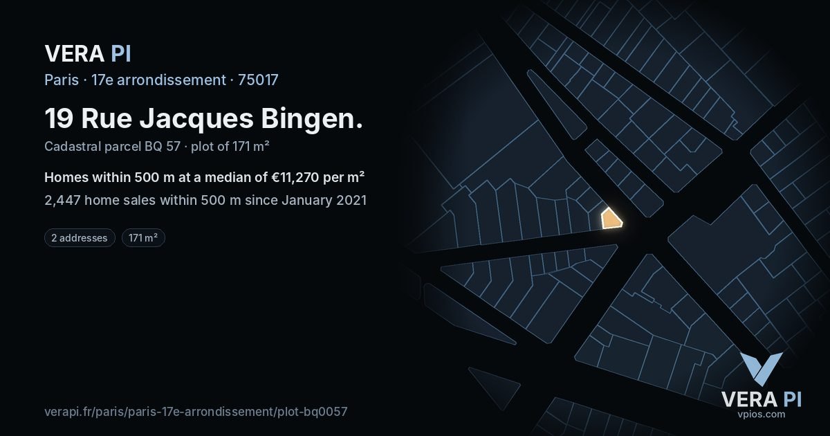 19 Rue Jacques Bingen, 17e arrondissement at night – the plot lit, the parcels around coloured by the prices near them