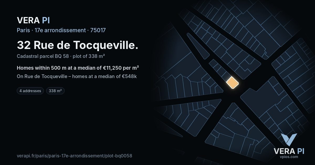 32 Rue de Tocqueville, 17e arrondissement at night – the plot lit, the parcels around coloured by the prices near them