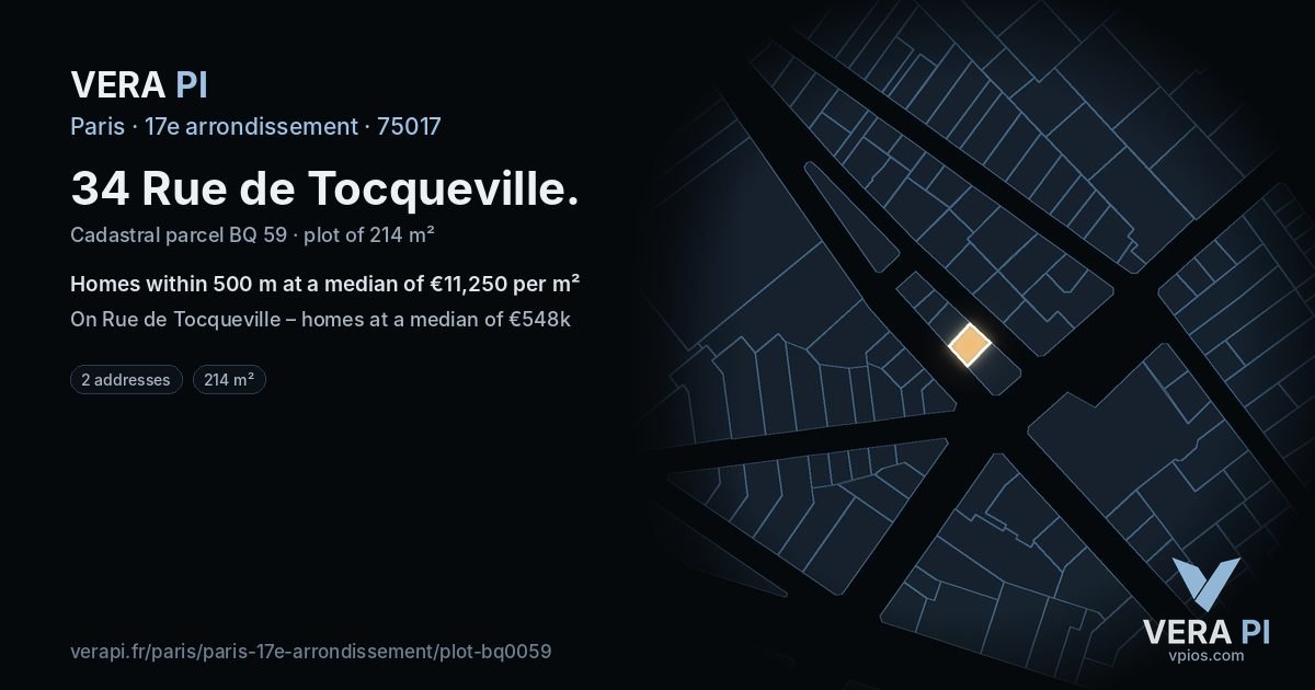 34 Rue de Tocqueville, 17e arrondissement at night – the plot lit, the parcels around coloured by the prices near them