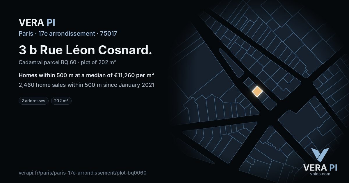 3 b Rue Léon Cosnard, 17e arrondissement at night – the plot lit, the parcels around coloured by the prices near them