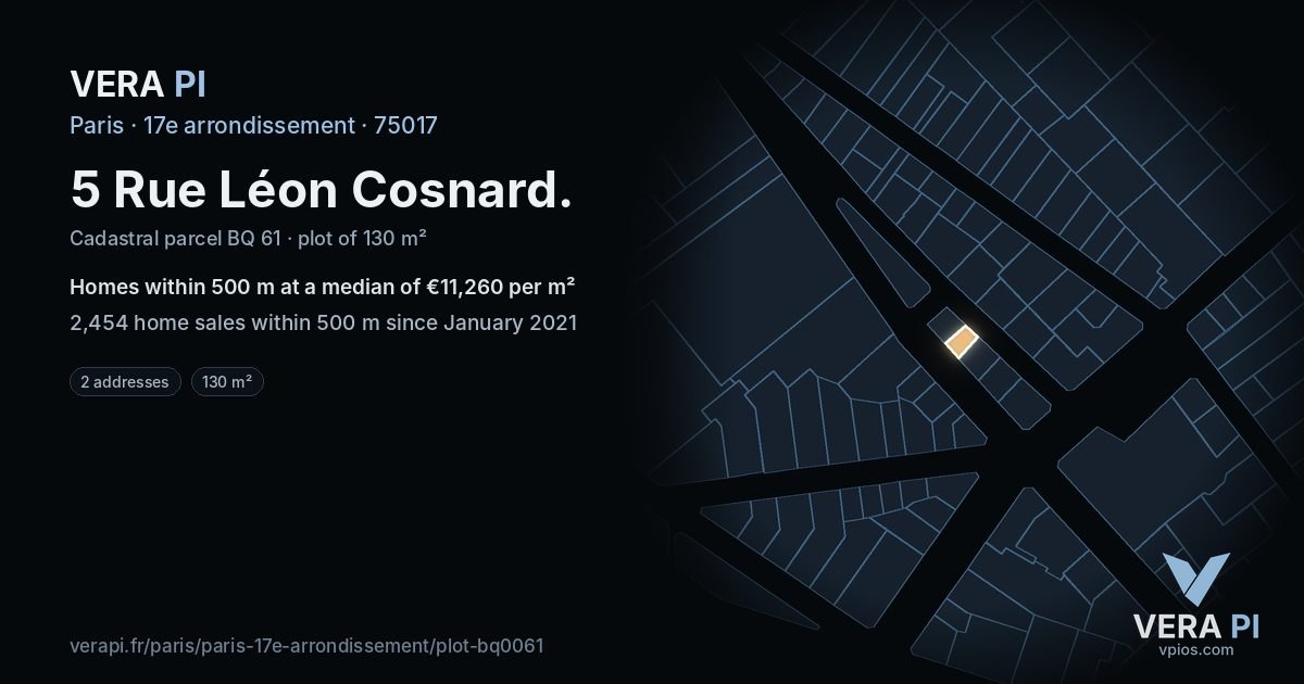 5 Rue Léon Cosnard, 17e arrondissement at night – the plot lit, the parcels around coloured by the prices near them